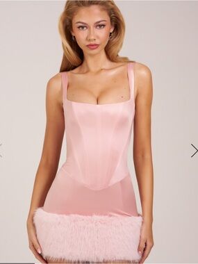 NWT Oh Polly Rixelle Pink Satin Mini Dress w/ Faux Fur Trim